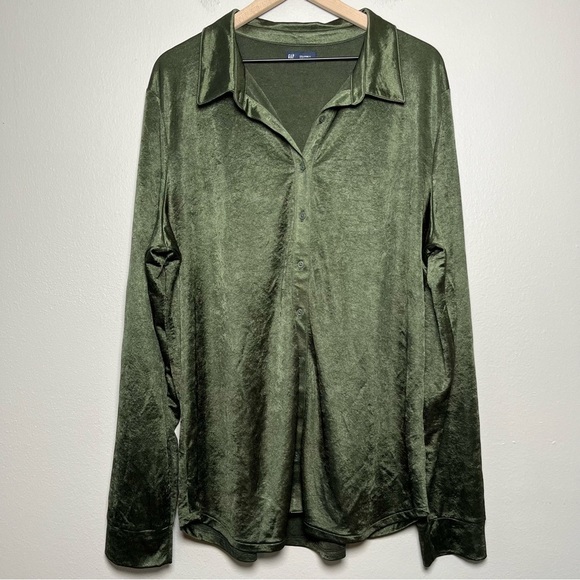 Gap Women Button Down‎ Shirt XXL Tall Green Satin Sateen Tunic Top Casual - Picture 1 of 9